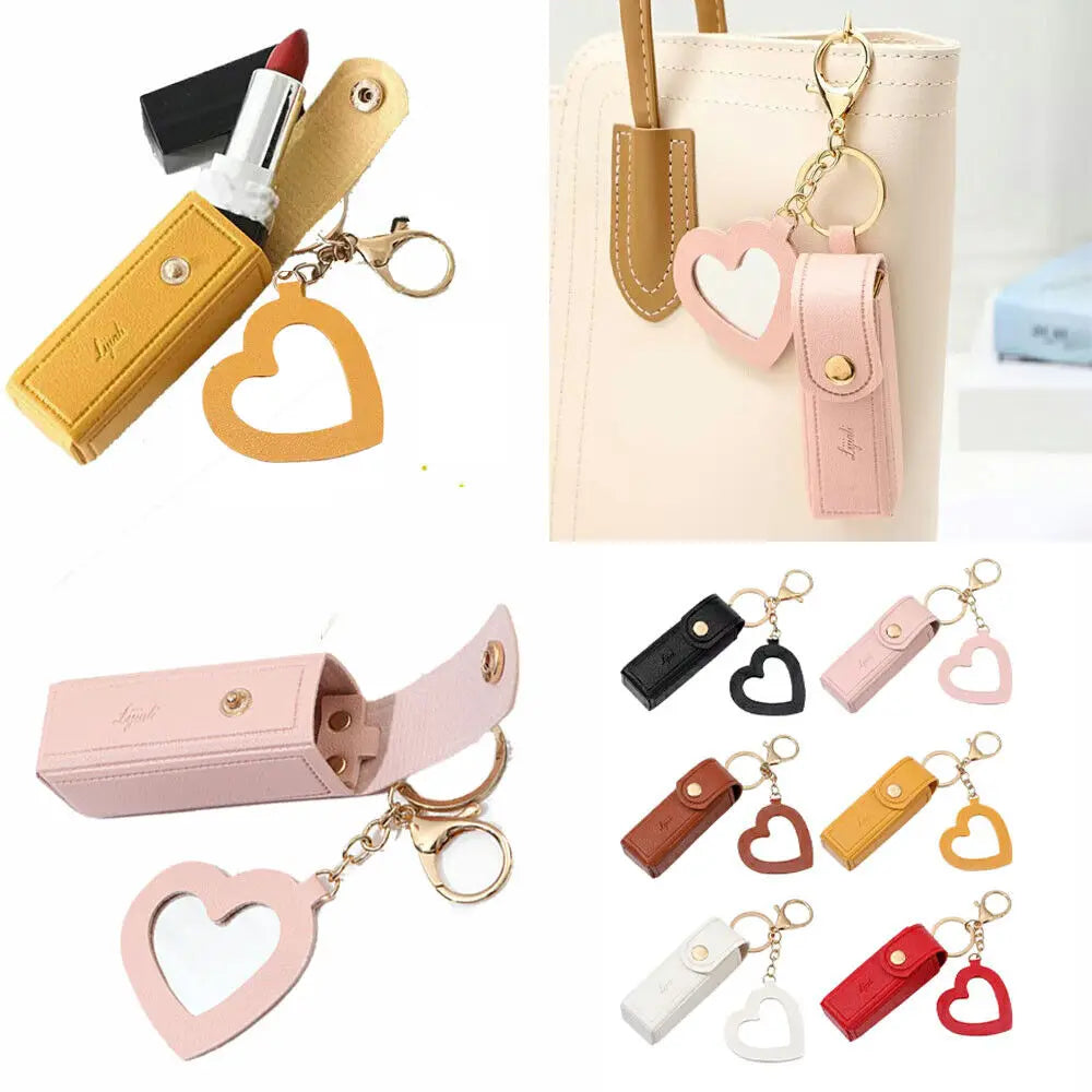 Portable Leather Lipstick Bag Makeup Pouch Lip Balm Bag Keychain Holder Lipsticks Protective Cover With Mirror