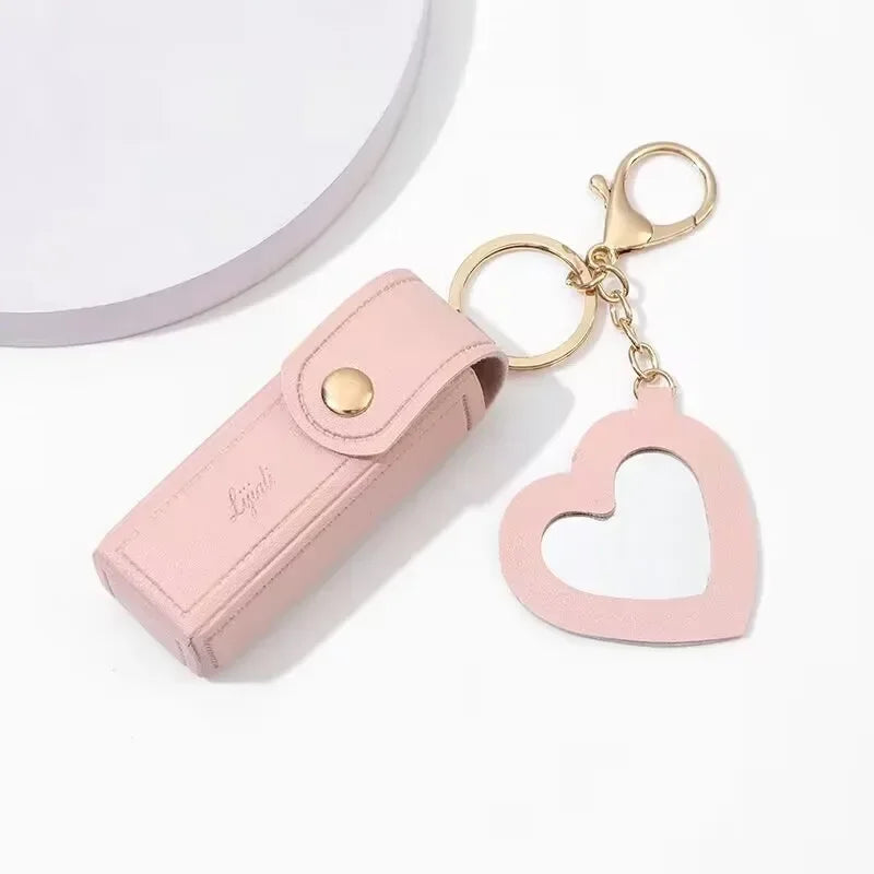 Portable Leather Lipstick Bag Makeup Pouch Lip Balm Bag Keychain Holder Lipsticks Protective Cover With Mirror