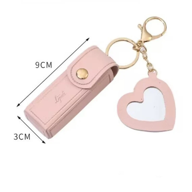 Portable Leather Lipstick Bag Makeup Pouch Lip Balm Bag Keychain Holder Lipsticks Protective Cover With Mirror