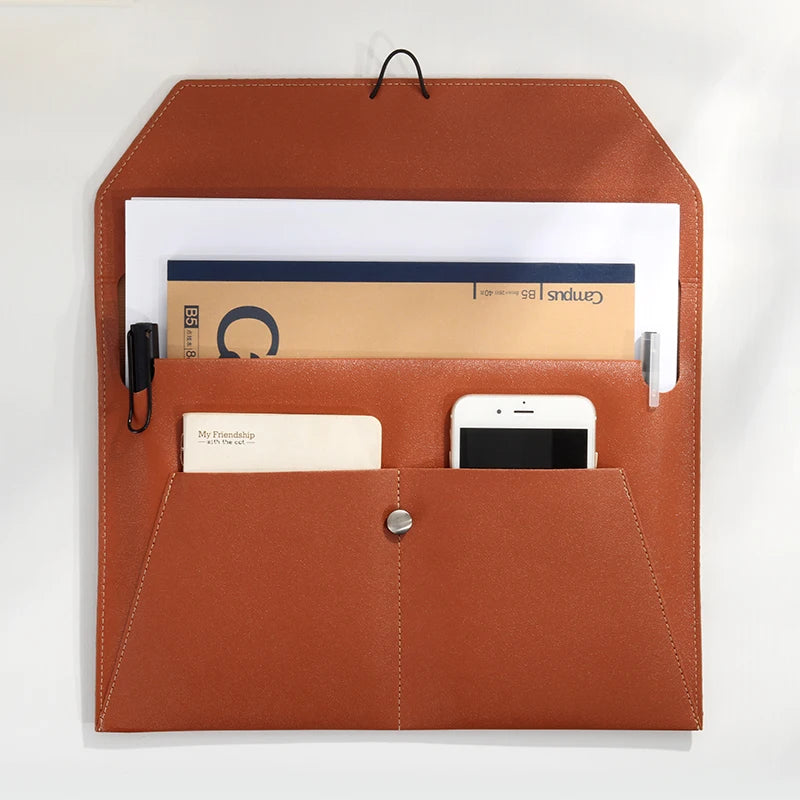 A4 Business Leather File Bag Multi-function Clamping Waterproof Folder with Thickened Data Rope Buckle for Office Use