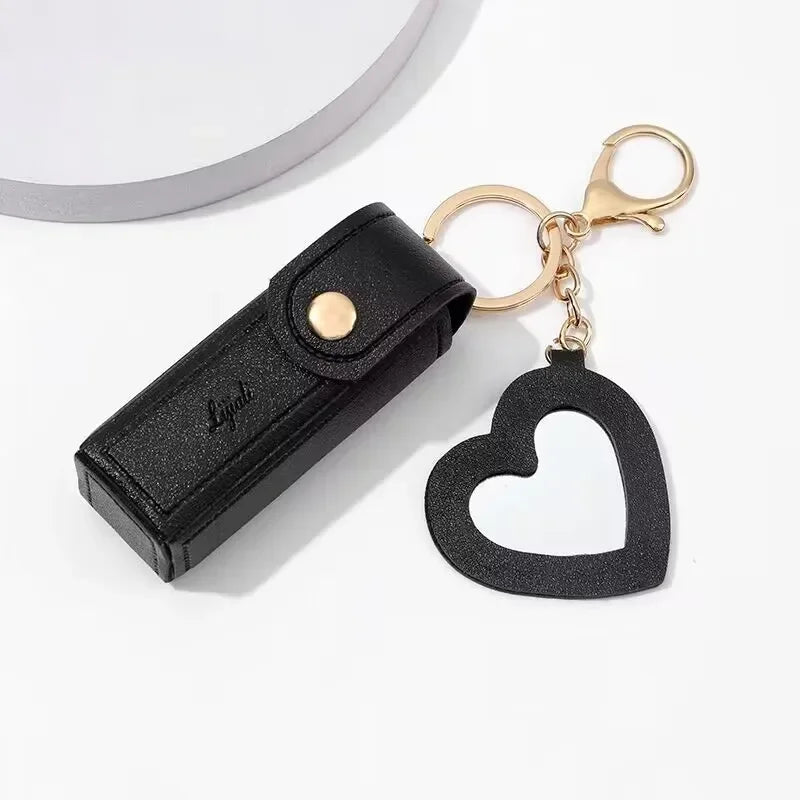 Portable Leather Lipstick Bag Makeup Pouch Lip Balm Bag Keychain Holder Lipsticks Protective Cover With Mirror