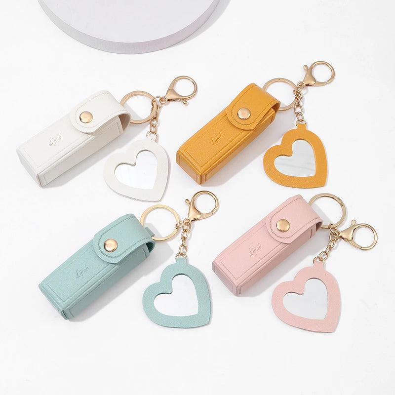 Portable Leather Lipstick Bag Makeup Pouch Lip Balm Bag Keychain Holder Lipsticks Protective Cover With Mirror