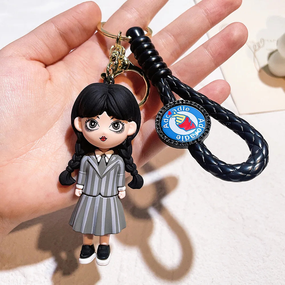 Horror Wednesday Addams Silicone Keychain Toy Thing Hand Home Decor Keychain Doll Schoolbag Pendant Halloween Toy Costume Props