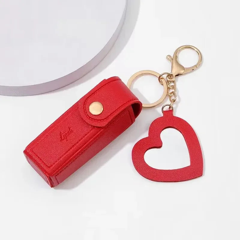 Portable Leather Lipstick Bag Makeup Pouch Lip Balm Bag Keychain Holder Lipsticks Protective Cover With Mirror