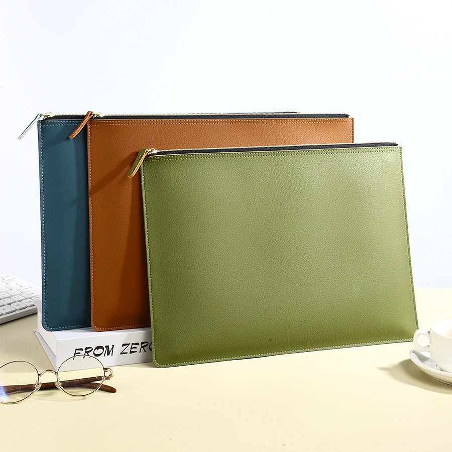Leather Business A4 File Folder Zipper Document Bag Contract File Organizer Briefcase Portfolio,Bag For Contract/Invoice Storage