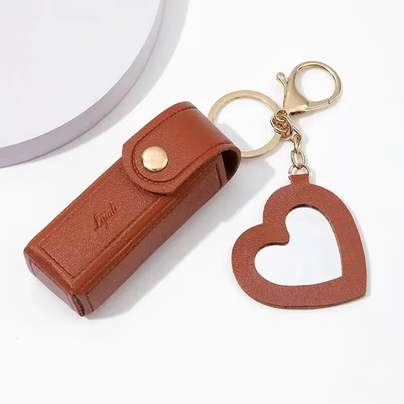 Portable Leather Lipstick Bag Makeup Pouch Lip Balm Bag Keychain Holder Lipsticks Protective Cover With Mirror