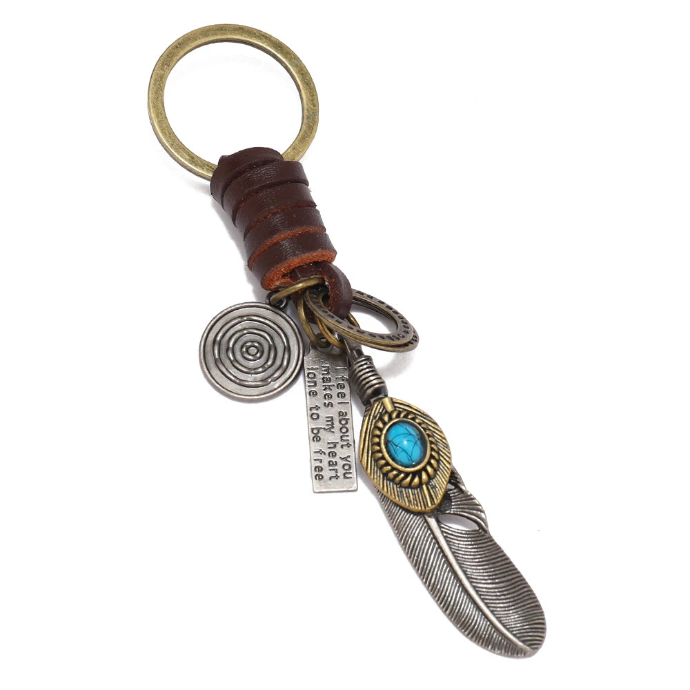 Fashion feather pendant key rings men women key chains