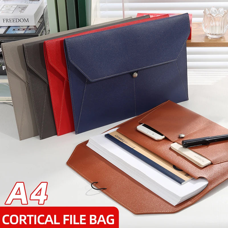 A4 Business Leather File Bag Multi-function Clamping Waterproof Folder with Thickened Data Rope Buckle for Office Use