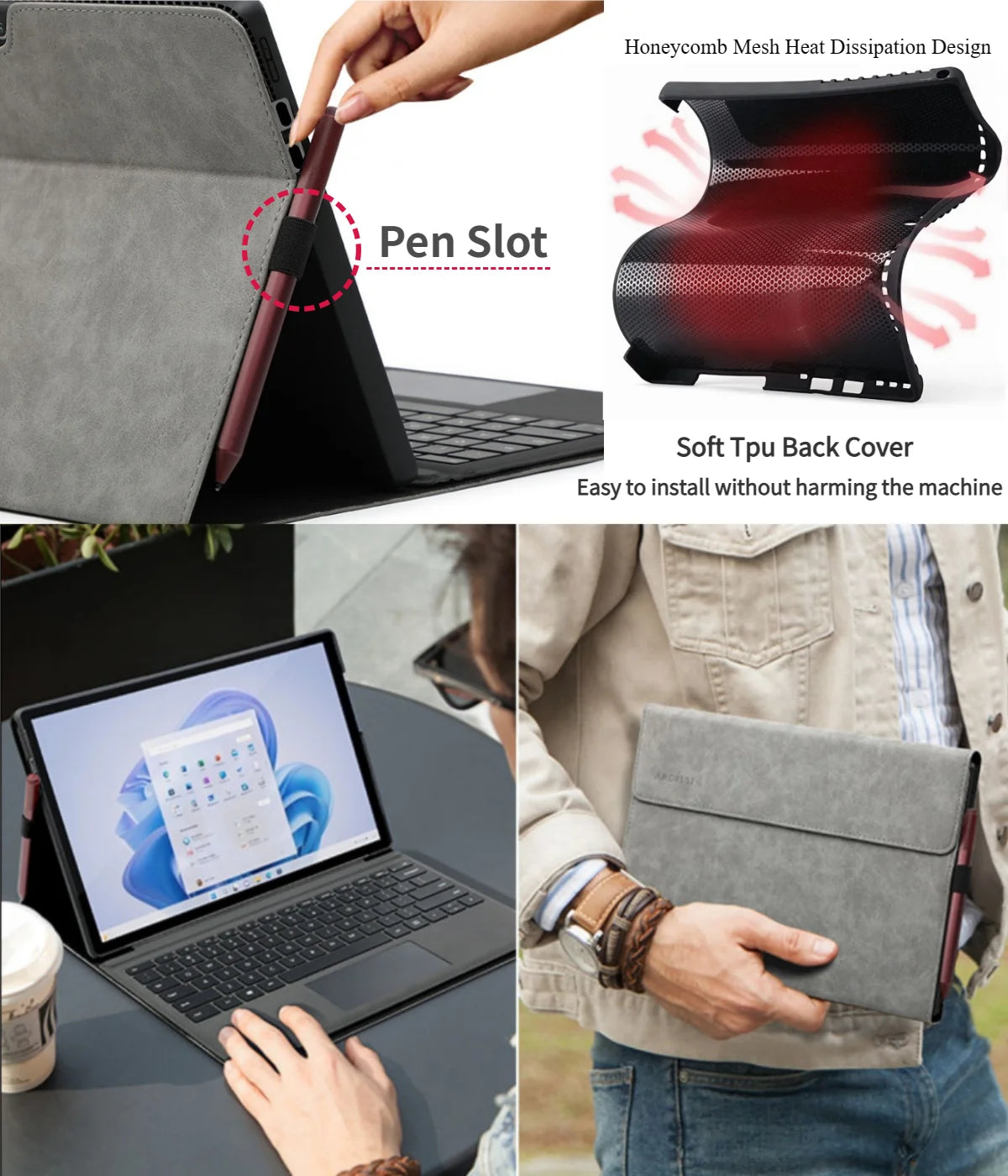 Business Cover for Microsoft Surface Pro 11/10/9 Portfolio Case 13inch Multiple Angle Stand Tpu Shell Compatible with Keyboard